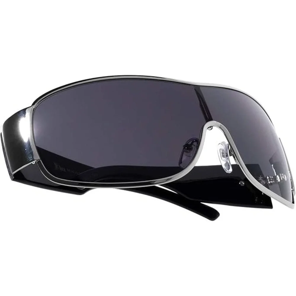 Men Shield Sunglasses Silver Black Wrap Around UV400 Hip Hop Gangster Streetwear
